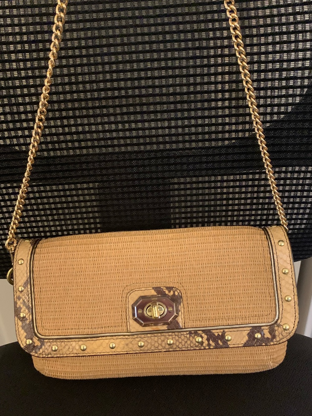 Coach Tan Straw Crossbody with Gold Chain and Brown Trim